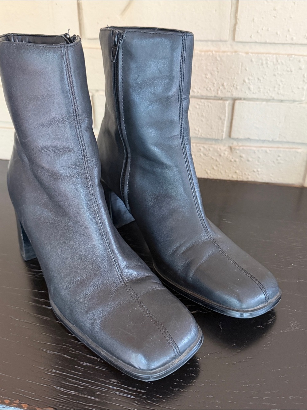 Naturalizer Black Leather Square Toe Ankle Boots Chunky Heel Vtg 90's Y2K Size 9